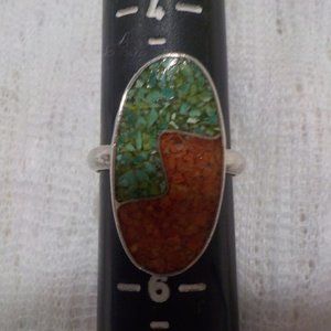 Turquoise/Coral Native American Mosaic Ring